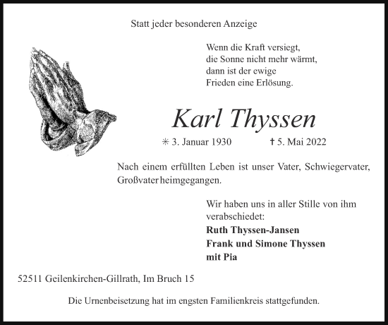 Traueranzeige von Karl Thyssen von Zeitung am Sonntag