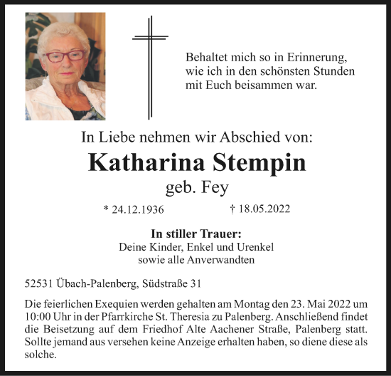 Traueranzeige von Katharina Stempin von Zeitung am Sonntag