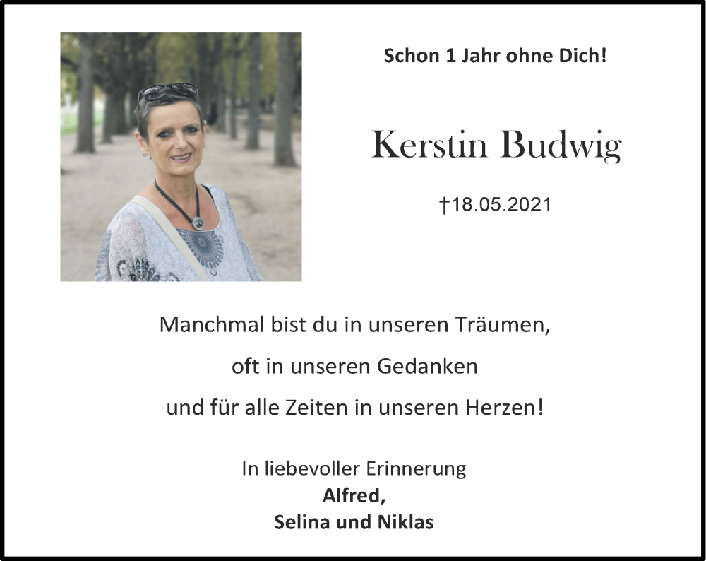  Traueranzeige für Kerstin Budwig vom 15.05.2022 aus Zeitung am Sonntag