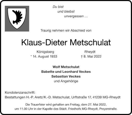 Traueranzeige von Klaus-Dieter Metschulat von Aachener Zeitung / Aachener Nachrichten