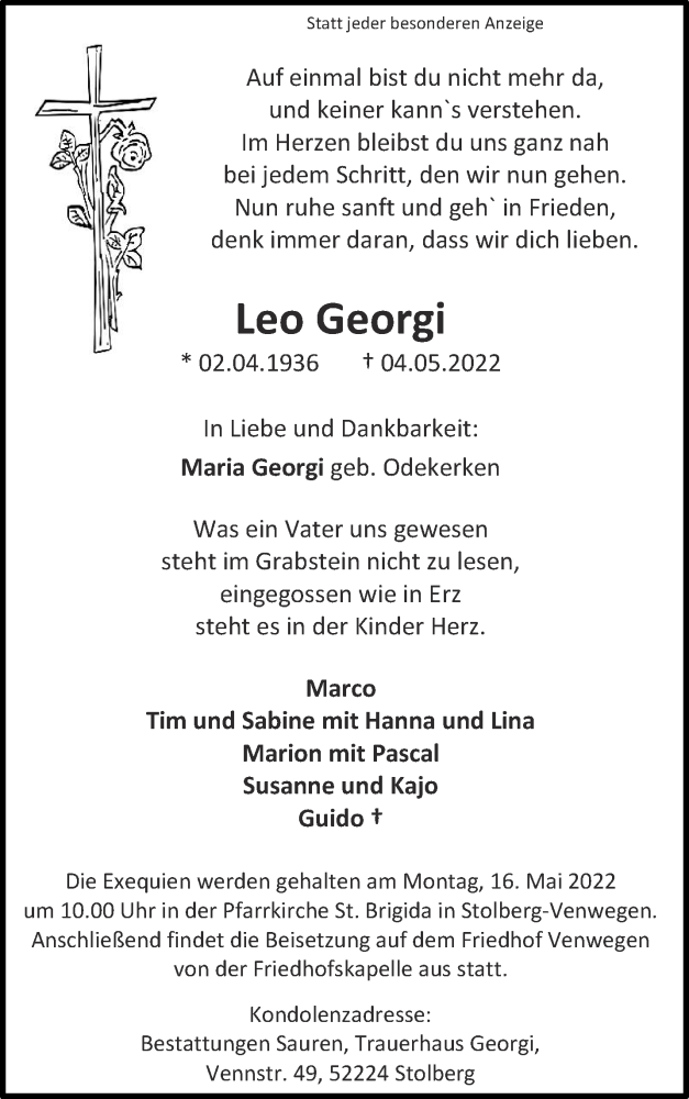  Traueranzeige für Leo Georgi vom 07.05.2022 aus Aachener Zeitung / Aachener Nachrichten