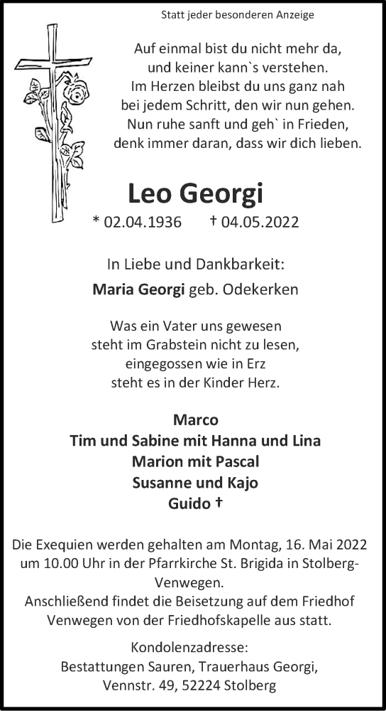 Traueranzeige für Leo Georgi vom 08.05.2022 aus Zeitung am Sonntag