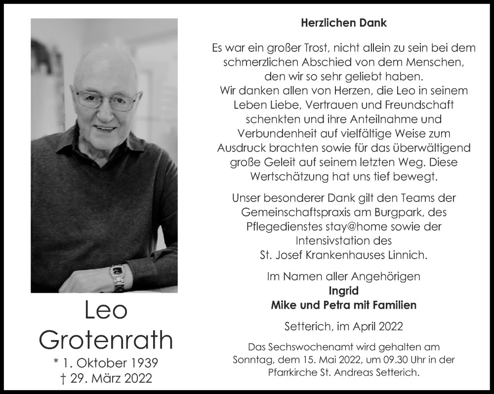  Traueranzeige für Leo Grotenrath vom 07.05.2022 aus Aachener Zeitung / Aachener Nachrichten