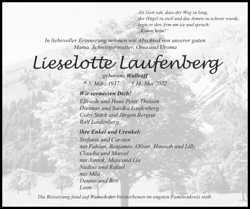  Traueranzeige für Lieselotte Laufenberg vom 29.05.2022 aus Zeitung am Sonntag