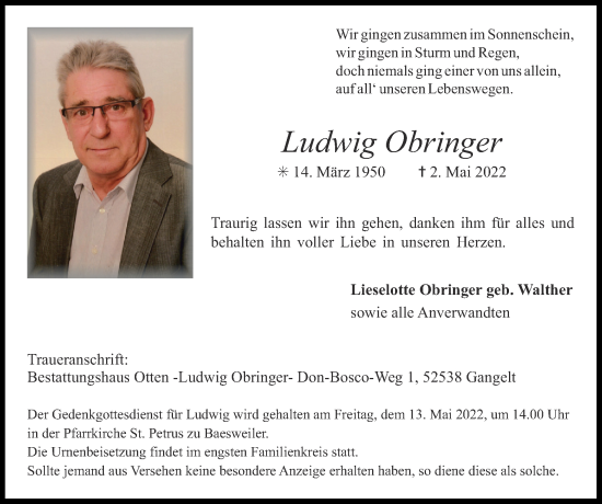 Traueranzeige von Ludwig Obringer von Zeitung am Sonntag