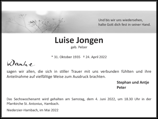 Traueranzeige von Luise Jongen von Zeitung am Sonntag