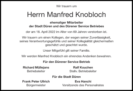 Traueranzeige von Manfred Knobloch von Aachener Zeitung / Aachener Nachrichten