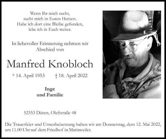 Traueranzeige von Manfred Knobloch von Zeitung am Sonntag