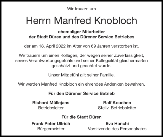 Traueranzeige von Manfred Knobloch von Zeitung am Sonntag