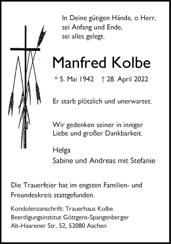 Traueranzeige von Manfred Kolbe von Aachener Zeitung / Aachener Nachrichten