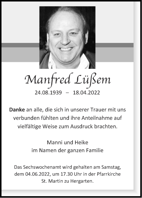 Traueranzeige von Manfred Lüßem von Zeitung am Sonntag