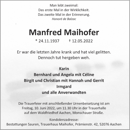 Traueranzeige von Manfred Maihofer von Zeitung am Sonntag