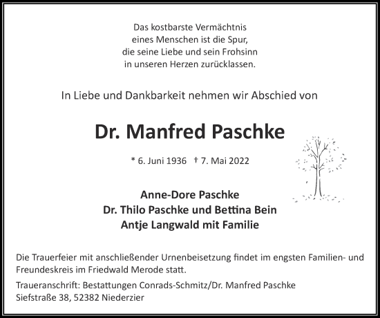 Traueranzeige von Manfred Paschke von Zeitung am Sonntag