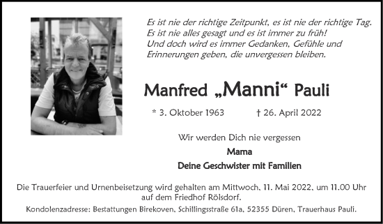 Traueranzeige von Manfred Pauli von Zeitung am Sonntag
