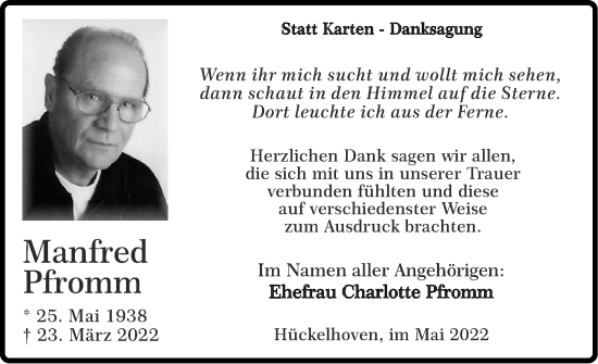 Traueranzeige von Manfred Pfromm von Zeitung am Sonntag
