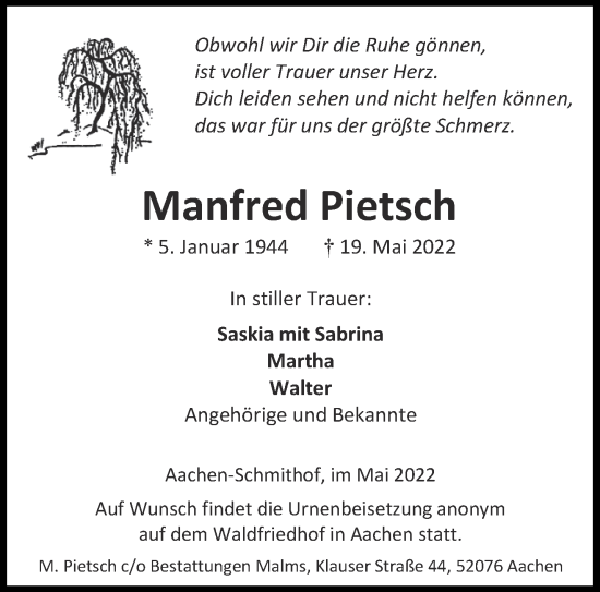 Traueranzeige von Manfred Pietsch von Aachener Zeitung / Aachener Nachrichten