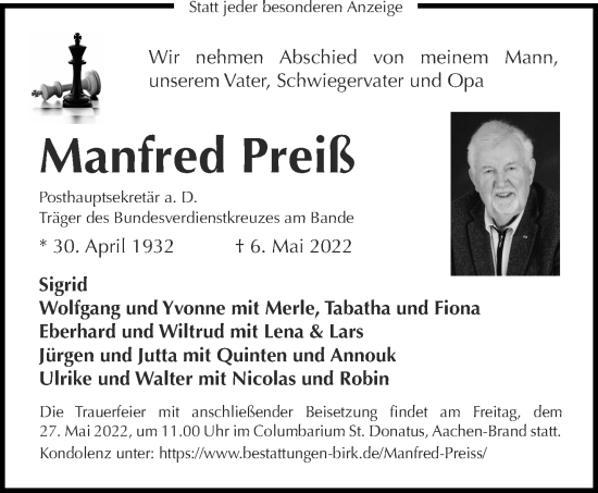 Traueranzeige von Manfred Preiß von Aachener Zeitung / Aachener Nachrichten