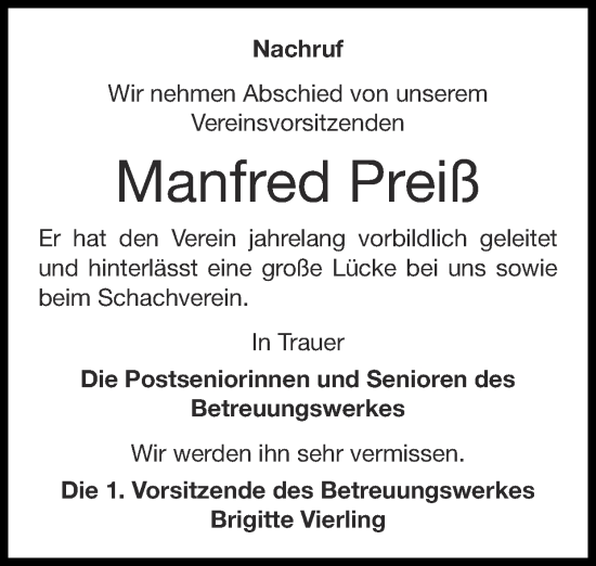 Traueranzeige von Manfred Preiß von Zeitung am Sonntag