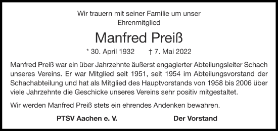 Traueranzeige von Manfred Preiß von Aachener Zeitung / Aachener Nachrichten