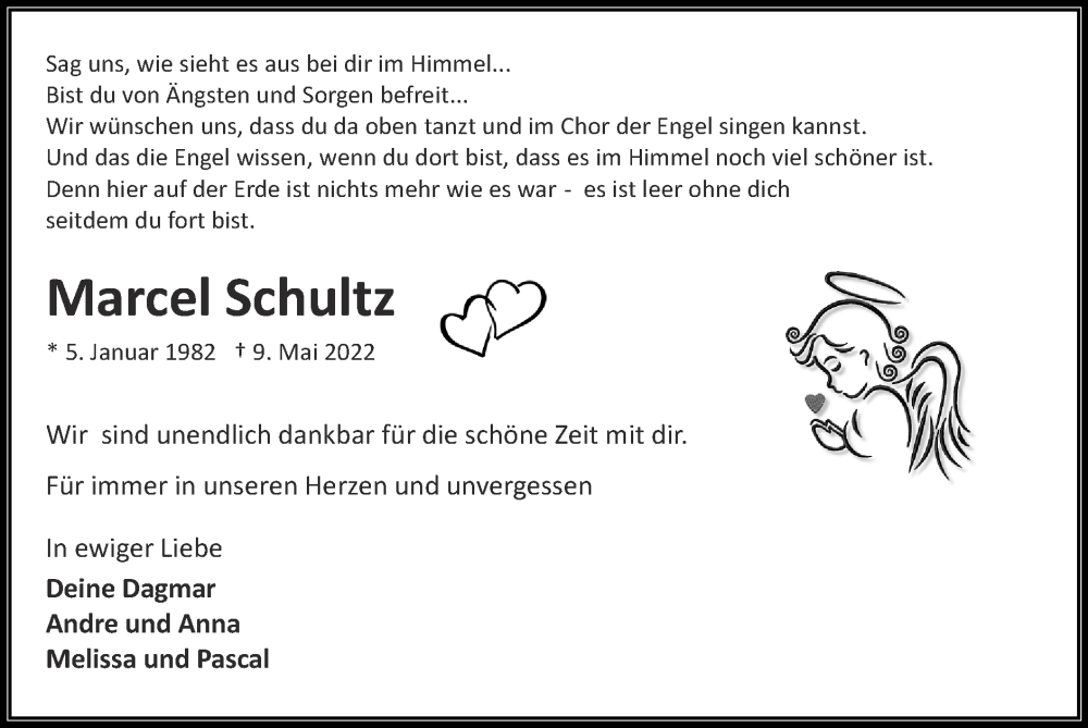  Traueranzeige für Marcel Schultz vom 22.05.2022 aus Zeitung am Sonntag