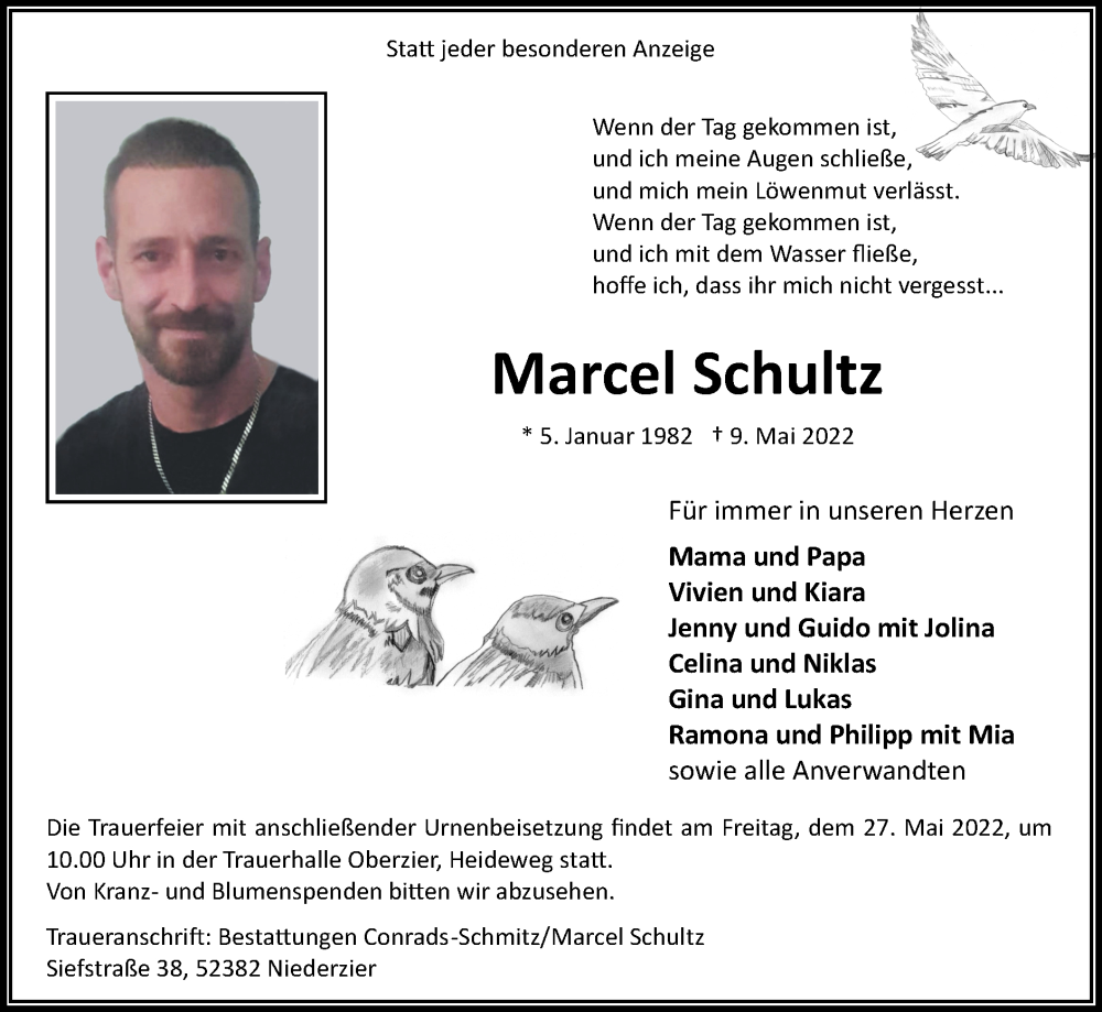  Traueranzeige für Marcel Schultz vom 22.05.2022 aus Zeitung am Sonntag