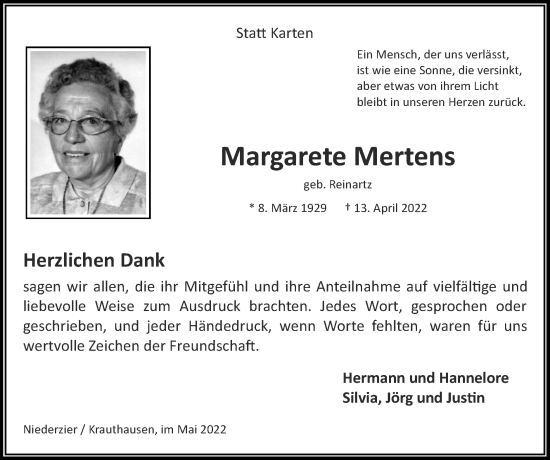 Traueranzeige von Margarete Mertens von Zeitung am Sonntag