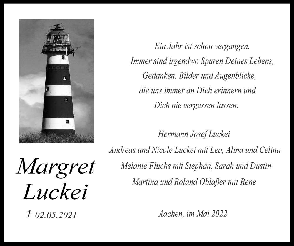  Traueranzeige für Margret Luckei vom 08.05.2022 aus Zeitung am Sonntag