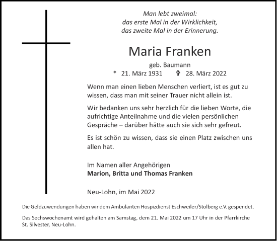 Traueranzeige von Maria Franken von Aachener Zeitung / Aachener Nachrichten