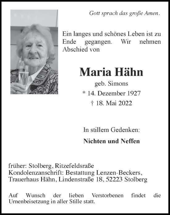 Traueranzeige von Maria Hähn von Zeitung am Sonntag