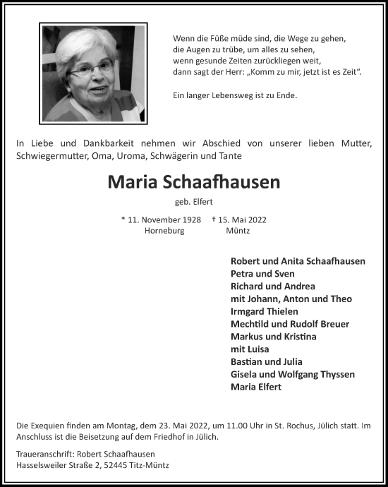 Traueranzeige von Maria Schaafhausen von Zeitung am Sonntag