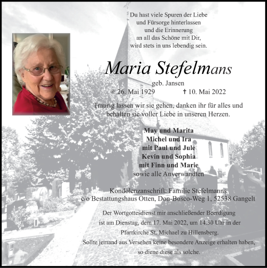 Traueranzeige von Maria Stefelmans von Zeitung am Sonntag