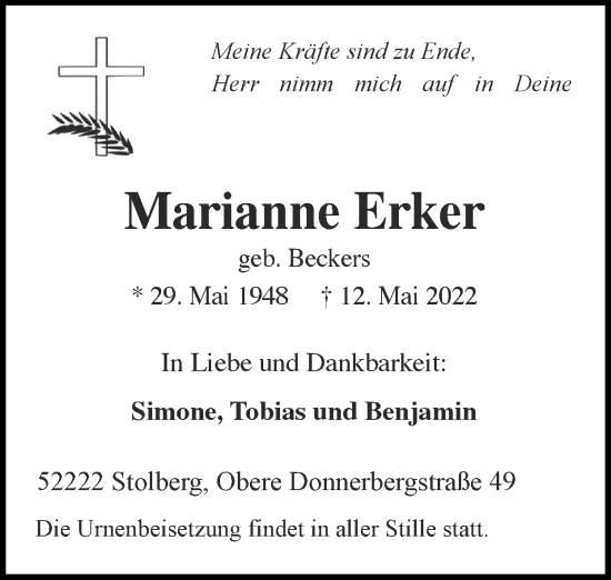 Traueranzeige von Marianne Erker von Zeitung am Sonntag