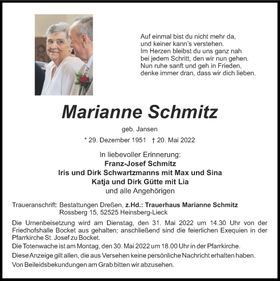 Traueranzeige von Marianne Schmitz von Zeitung am Sonntag