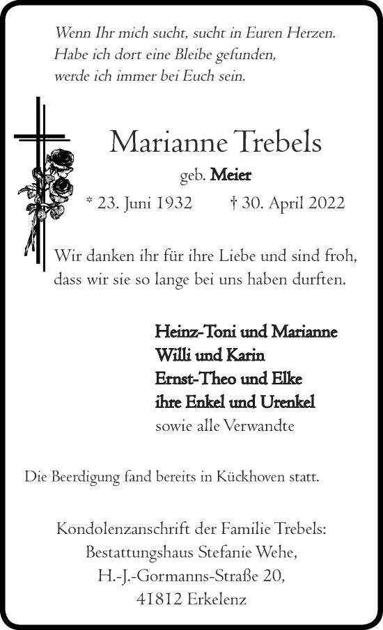 Traueranzeige von Marianne Trebels von Zeitung am Sonntag