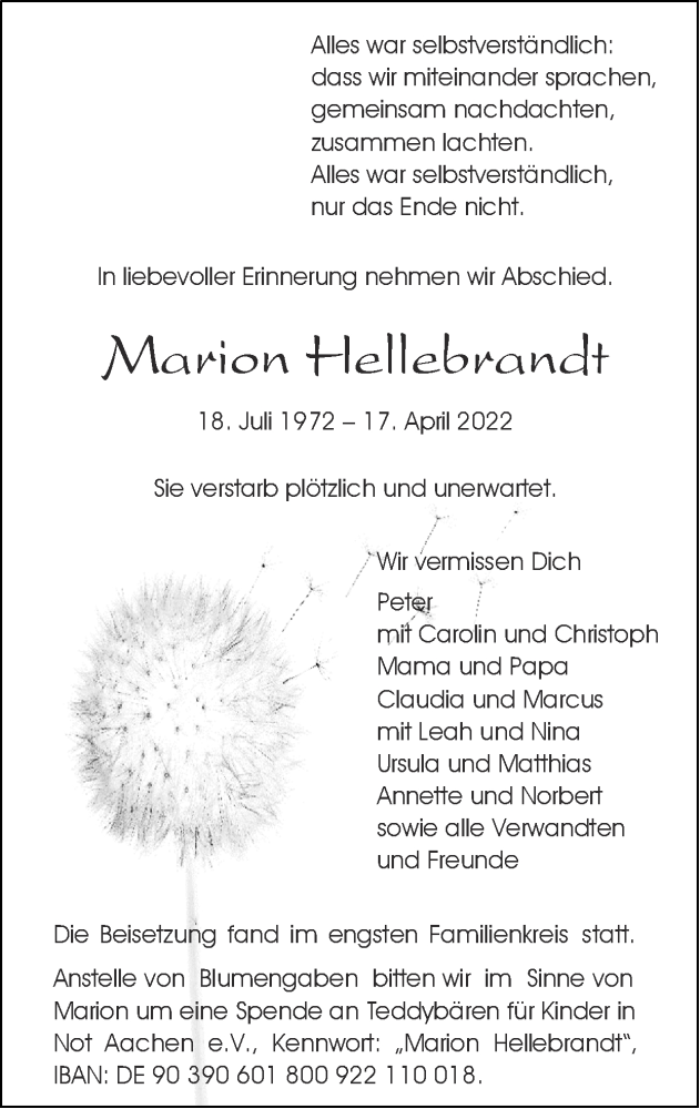  Traueranzeige für Marion Hellebrandt vom 08.05.2022 aus Zeitung am Sonntag