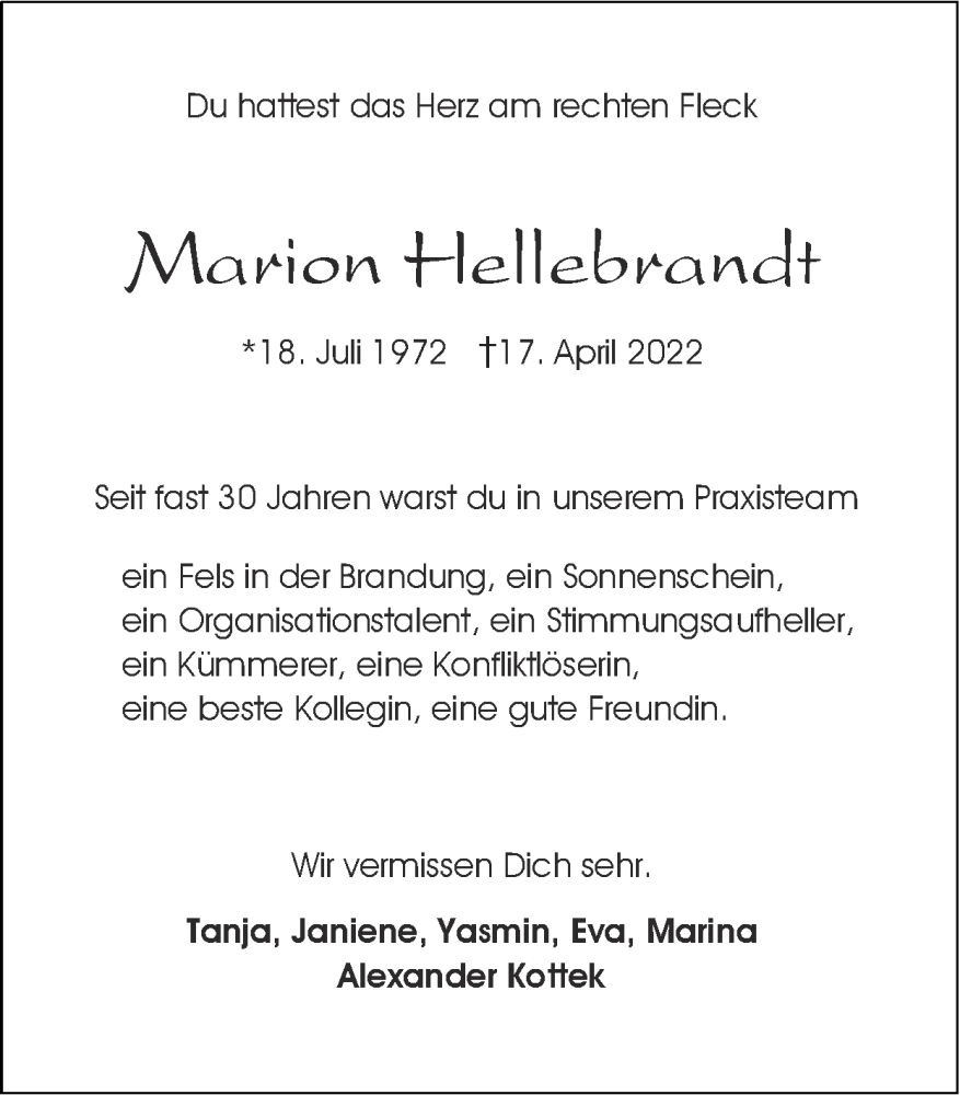  Traueranzeige für Marion Hellebrandt vom 08.05.2022 aus Zeitung am Sonntag