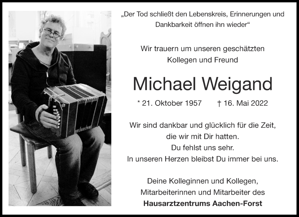  Traueranzeige für Michael Weigand vom 28.05.2022 aus Aachener Zeitung / Aachener Nachrichten