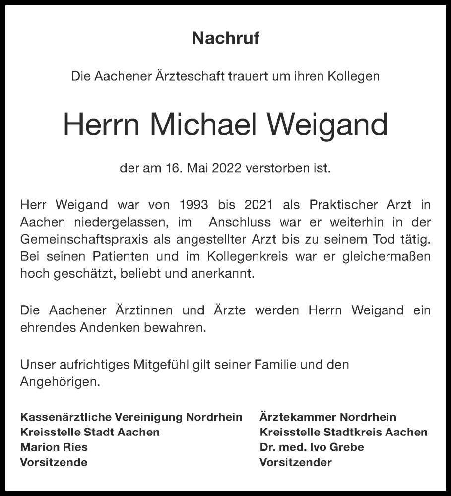  Traueranzeige für Michael Weigand vom 21.05.2022 aus Aachener Zeitung / Aachener Nachrichten