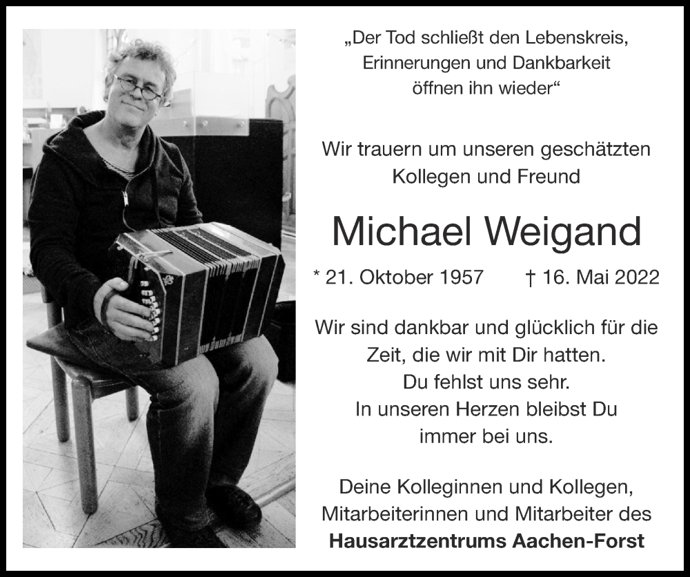  Traueranzeige für Michael Weigand vom 29.05.2022 aus Zeitung am Sonntag