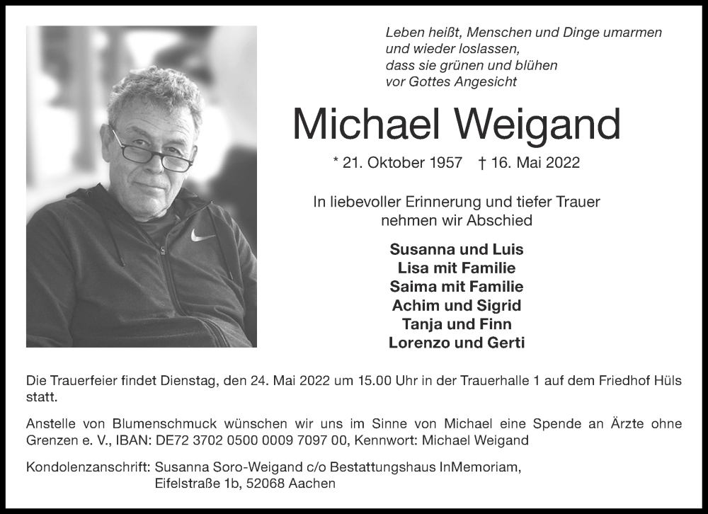  Traueranzeige für Michael Weigand vom 21.05.2022 aus Aachener Zeitung / Aachener Nachrichten