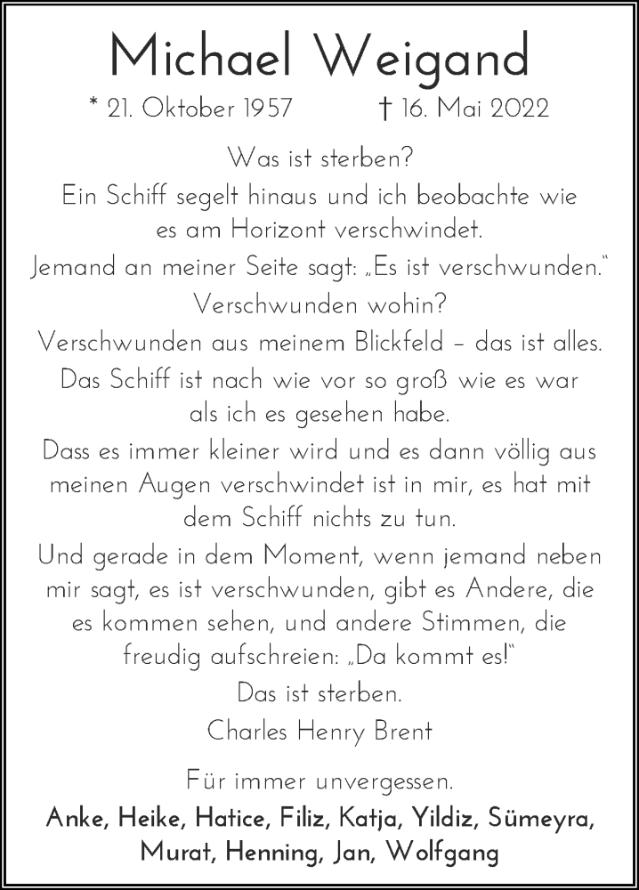  Traueranzeige für Michael Weigand vom 29.05.2022 aus Zeitung am Sonntag