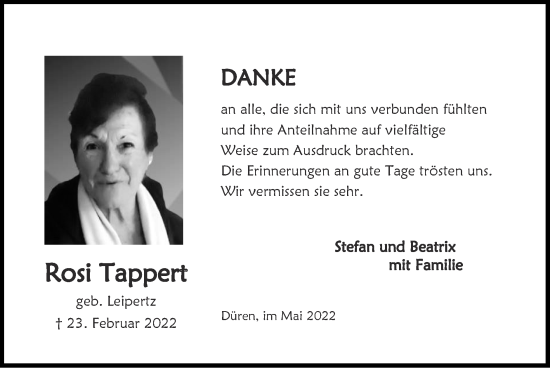 Traueranzeige von Rosi Tappert von Zeitung am Sonntag