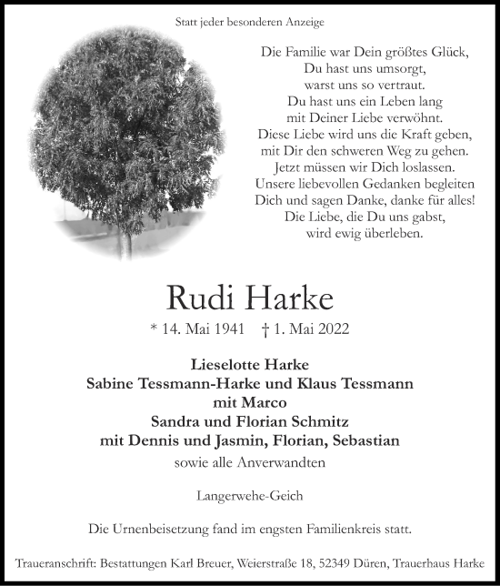 Traueranzeige von Rudi Harke von Zeitung am Sonntag