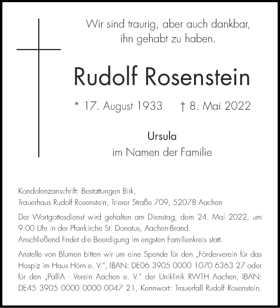 Traueranzeige von Rudolf Rosenstein von Aachener Zeitung / Aachener Nachrichten