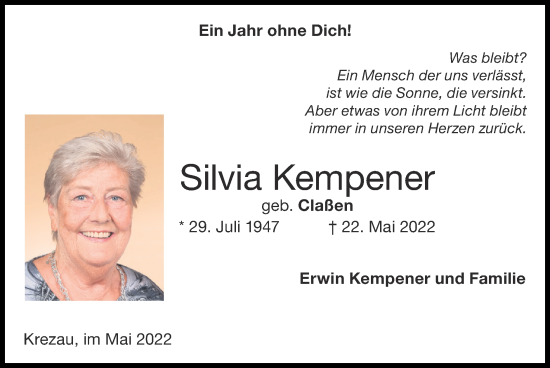 Traueranzeige von Silvia Kempener von Zeitung am Sonntag