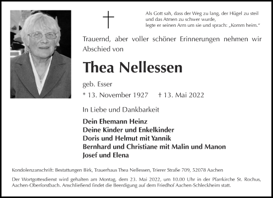 Traueranzeige von Thea Nellessen von Aachener Zeitung / Aachener Nachrichten