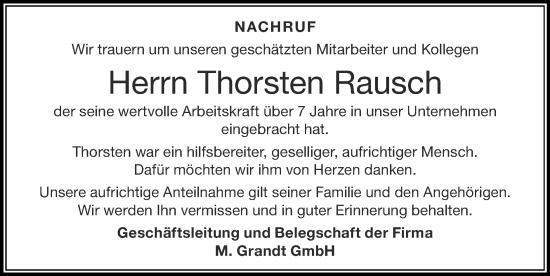 Traueranzeige von Thorsten Rausch von Zeitung am Sonntag