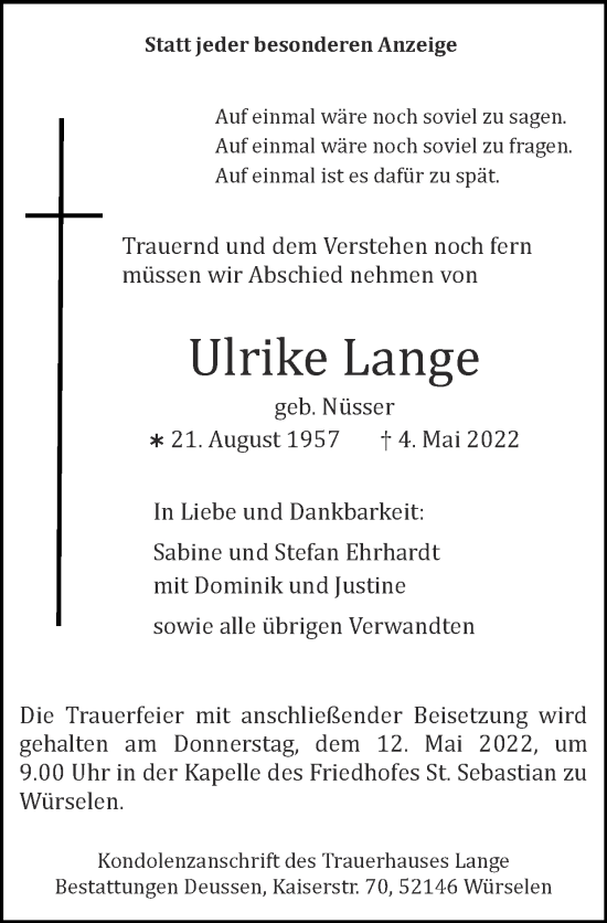 Traueranzeige von Ulrike Lange von Zeitung am Sonntag