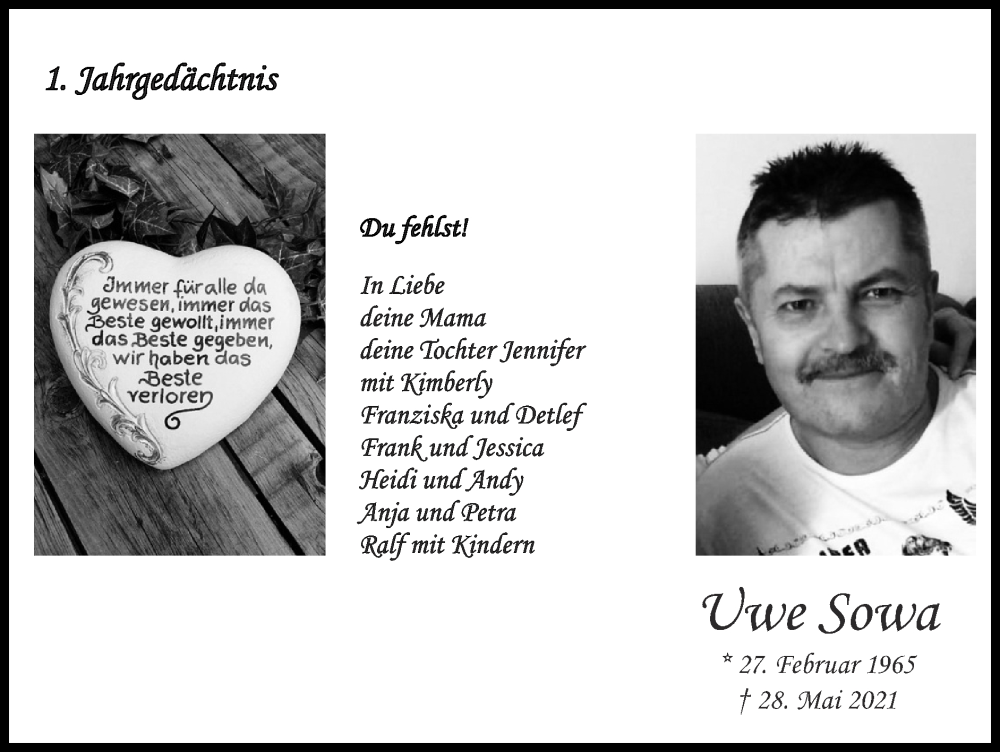  Traueranzeige für Uwe Sowa vom 29.05.2022 aus Zeitung am Sonntag
