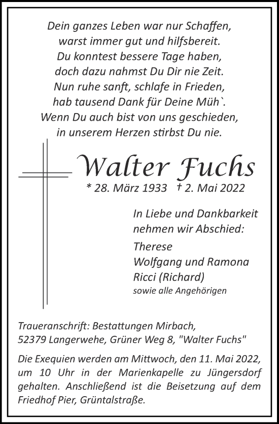Traueranzeige von Walter Fuchs von Zeitung am Sonntag
